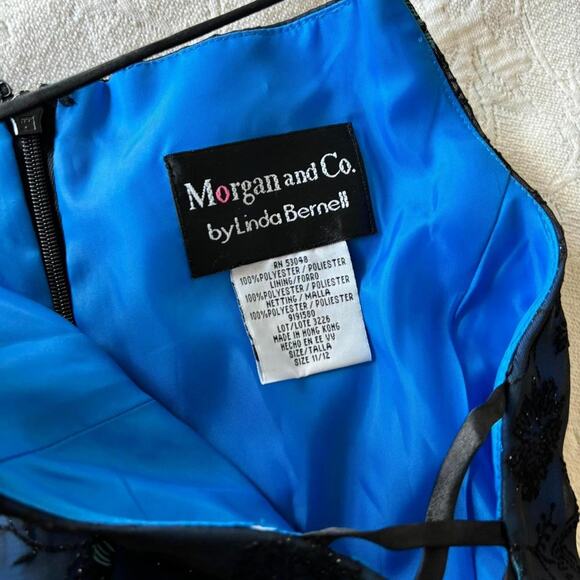 Vintage Y2K Morgan and Co Blue Black Floral Overlay Prom Formal Dress - Picture 5 of 5
